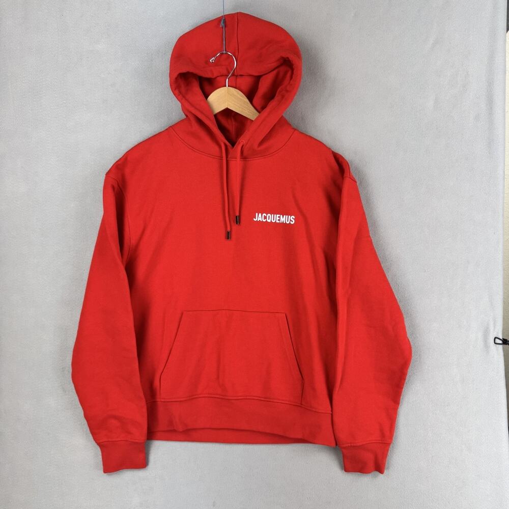 Jacquemus Hoodie Mens Large Red Organic Cotton Logo Fleece Pullover Sweatshirt
